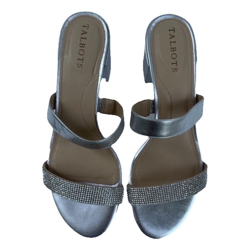 Talbots Silver Block Heel Sandals Womens 8.5 Rhinestone Strap Slip On Wedding